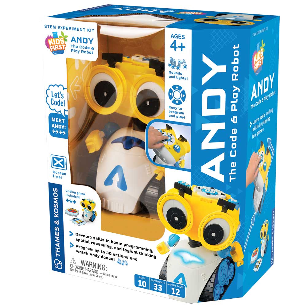 Andy Code & Play Robot STEM kit for kids 4+ learns programming, coding, and logic with lights, sounds, and buttons.