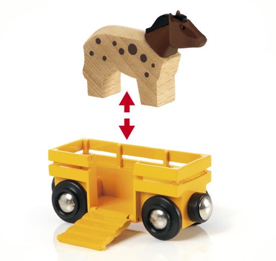 Farm Train wooden toy with a yellow wagon and a brown spotted horse ready to board for playtime.