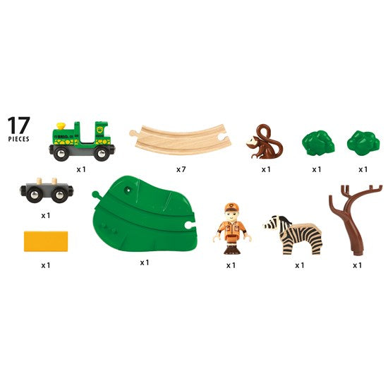 Safari Railway Set with train engine, tracks, safari ranger, zebra, monkey, tree, and foliage pieces for imaginative play.