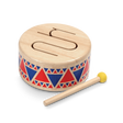 Solid Drum wooden toy drum with colorful geometric patterns and yellow-tipped rubberhead drumstick for kids' musical play.