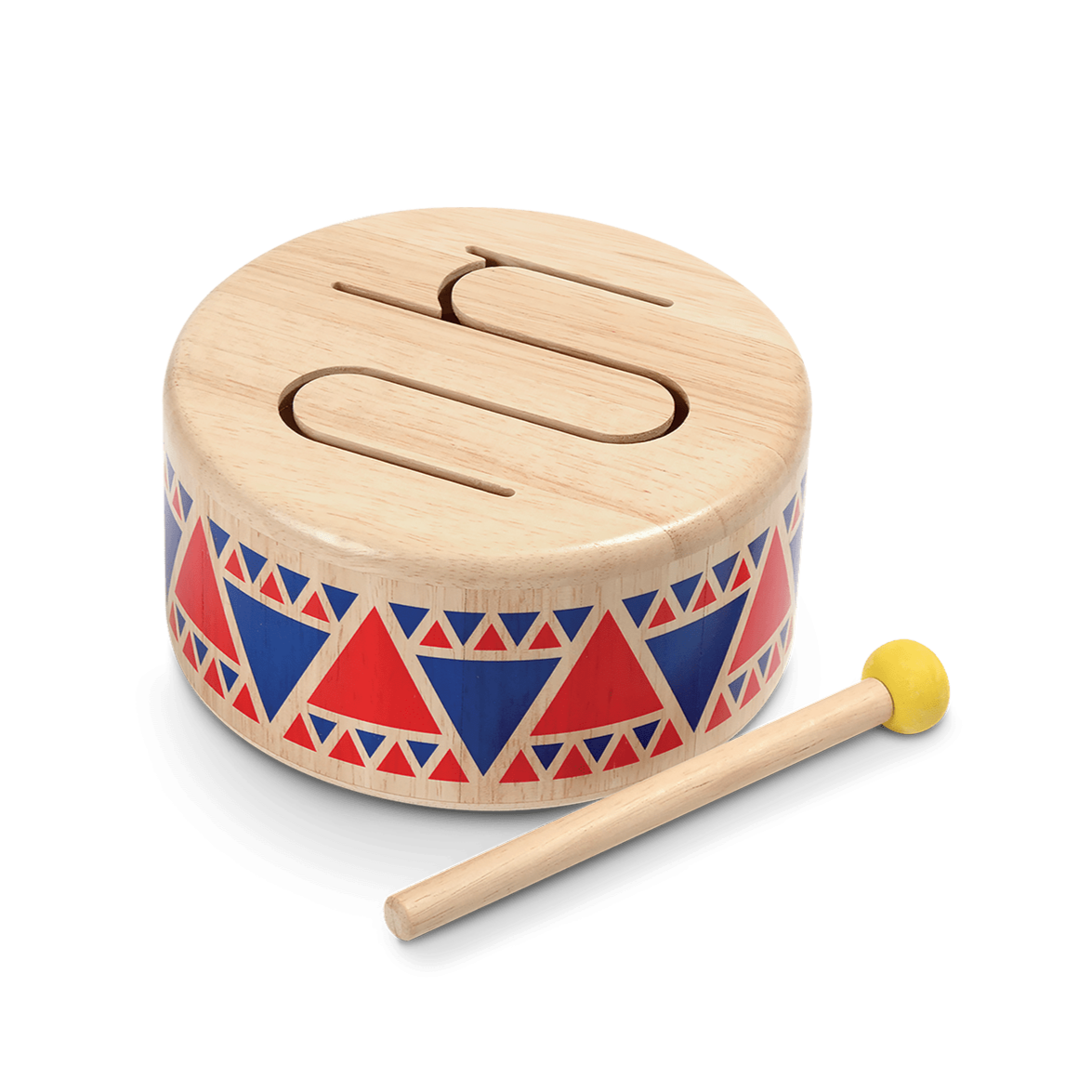 Solid Drum wooden toy drum with colorful geometric patterns and yellow-tipped rubberhead drumstick for kids' musical play.