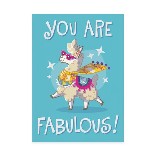 You Are Fabulous! Card featuring a colorful llama wearing sunglasses and a decorative blanket on a blue background.