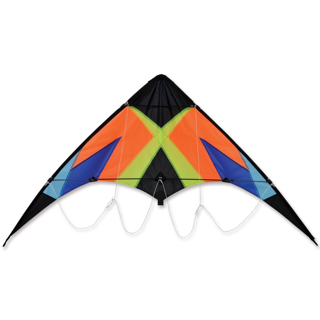 Zoomer 2.0 Sports Kite | Neon X with neon orange, blue, green design, fiberglass frame, and included flying handles and line.