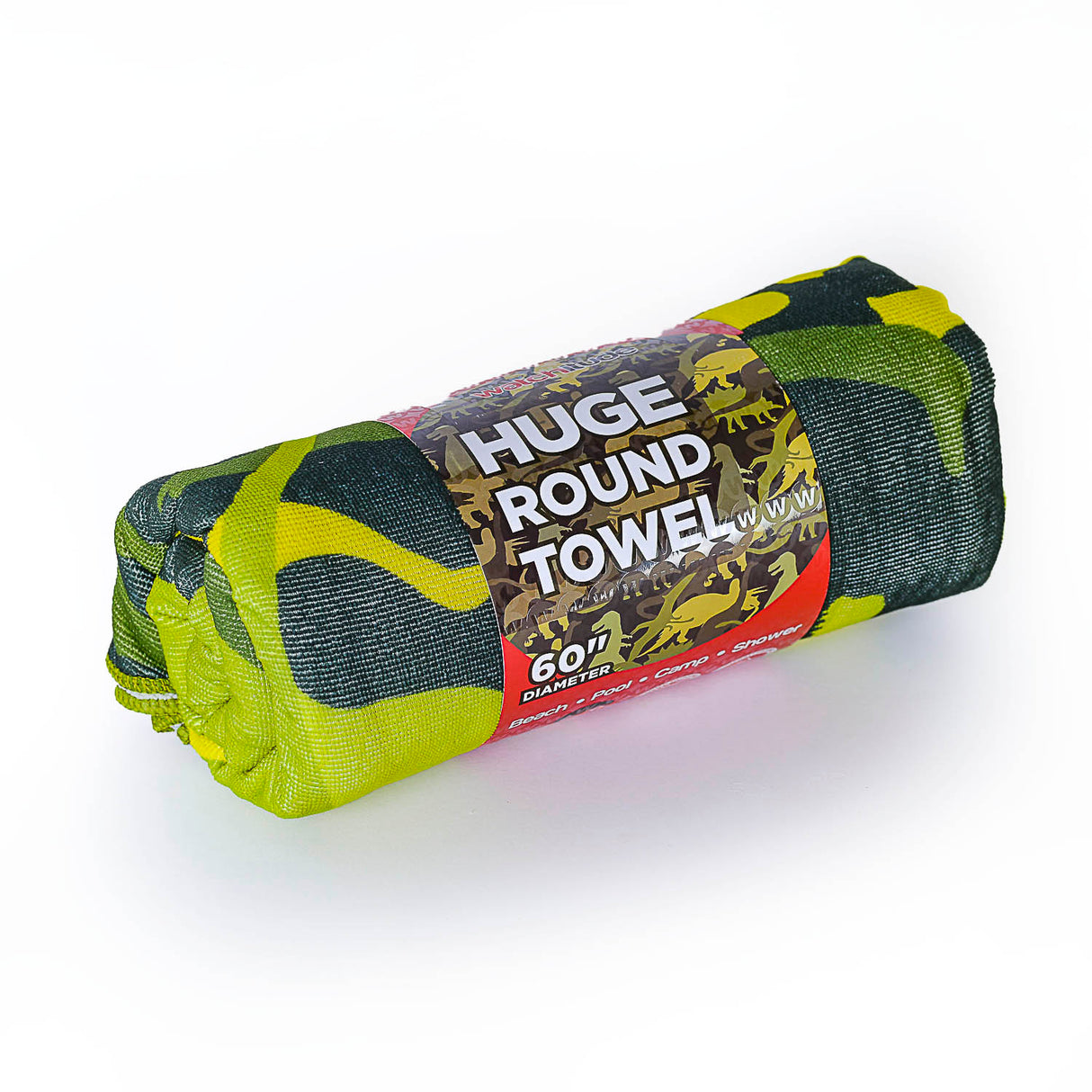 Towel Dino Camo huge round towel rolled up, soft polyester material with vibrant camo dinosaur print, 60 inches diameter.