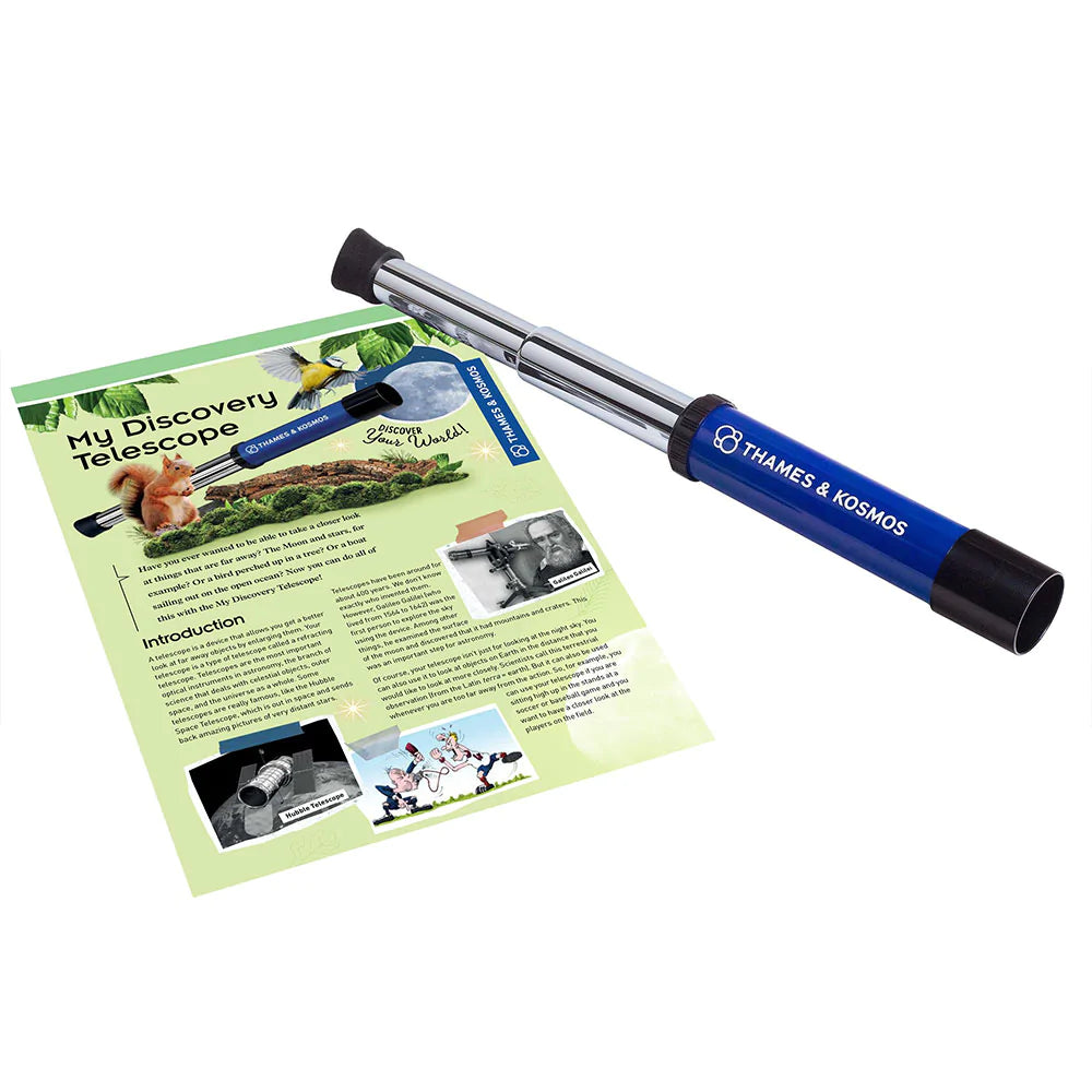 My Discovery Telescope with blue body and instructional guide for young explorers interested in nature and astronomy.