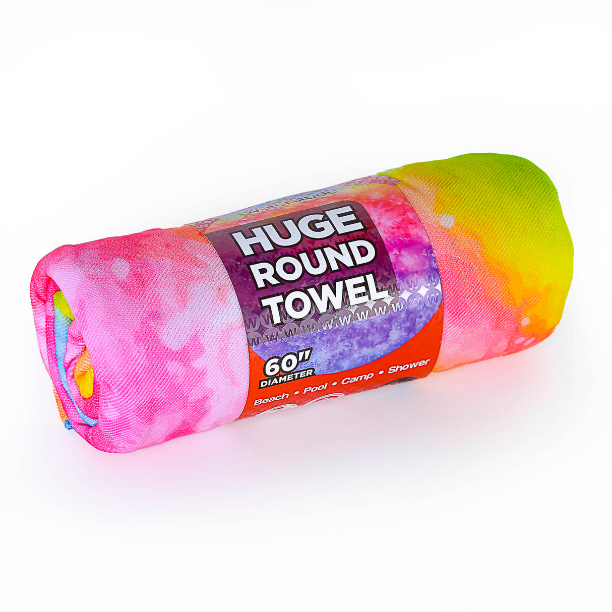 Towel Rainbow Tie Dye rolled up showing vibrant colors, soft polyester material, and 60-inch diameter for beach or pool use.