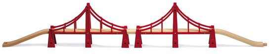 Double-Suspension Bridge with red towers and wooden tracks for BRIO train set, ideal for ages 3 and up.