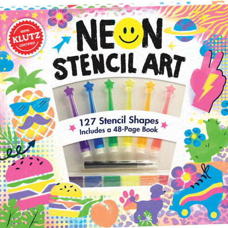 Neon Stencil Art kit with colorful ink pens and 127 stencil shapes for creative design and layering fun.