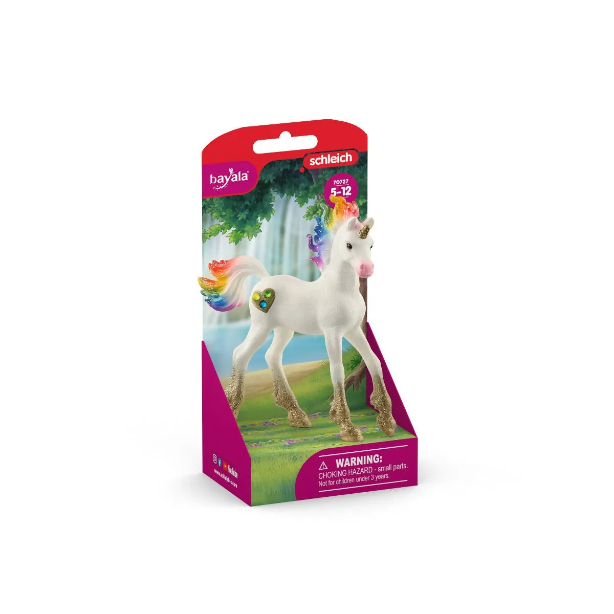 Bayala | Rainbow Love Unicorn Foal toy with rainbow mane, golden glittery legs, and metallic horn in colorful packaging.