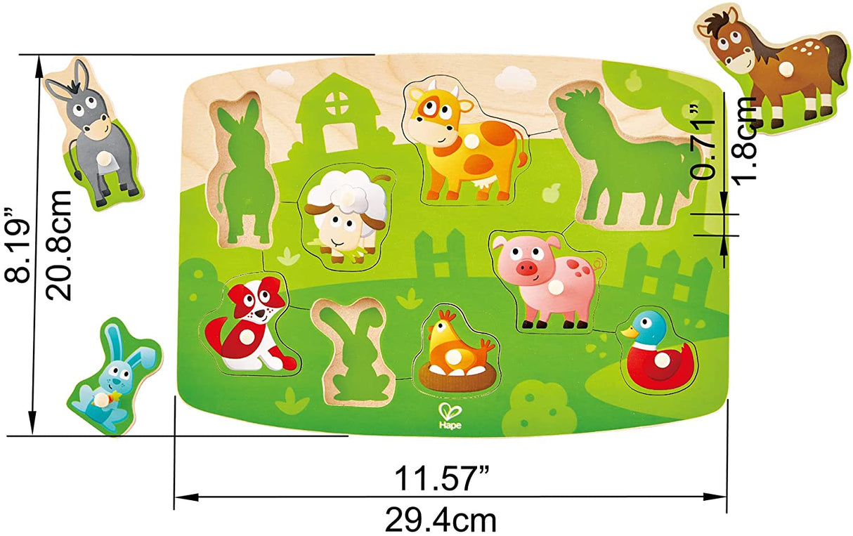 9pc Farm Animals Peg Puzzle with nine colorful wooden animal pieces including a donkey, sheep, cow, horse, pig, dog, hen, rabbit, and duck.