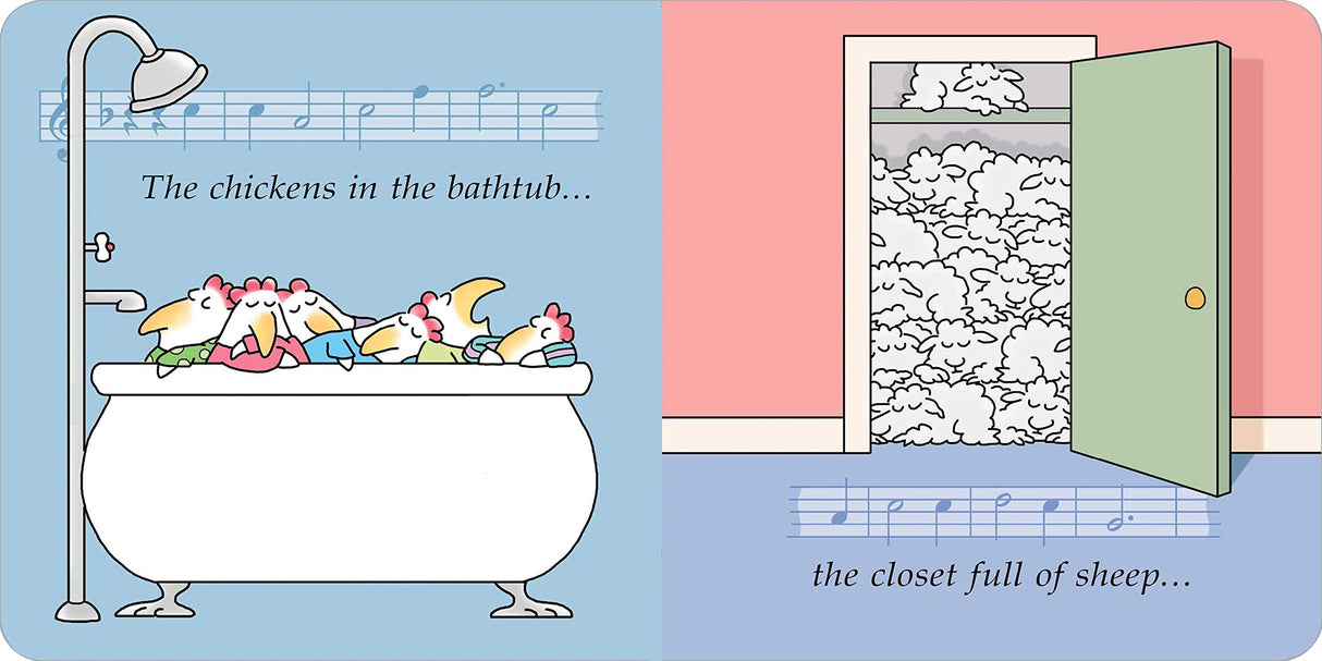 Illustration from Silly Lullaby showing chickens in a bathtub and a closet full of sheep for bedtime fun.