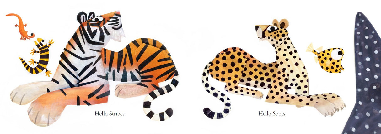 Illustration from Hello Hello board book showing colorful animals with stripes and spots exploring nature's diversity.