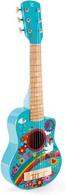 Flower Power Guitar in blue with 6 strings, colorful 1960s flower child design, perfect for young children learning guitar.
