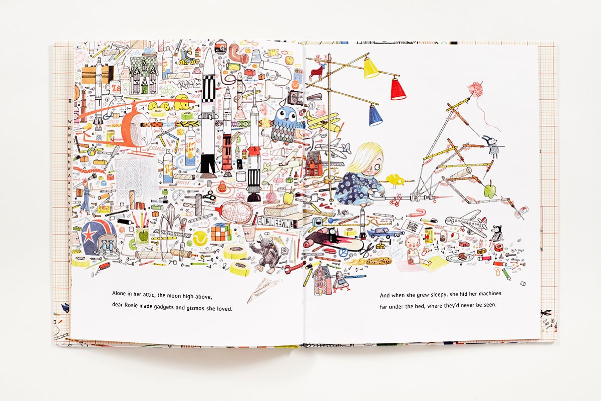 Open book illustration from Rosie Revere, Engineer showing a girl working on inventive gadgets and machines in her attic.