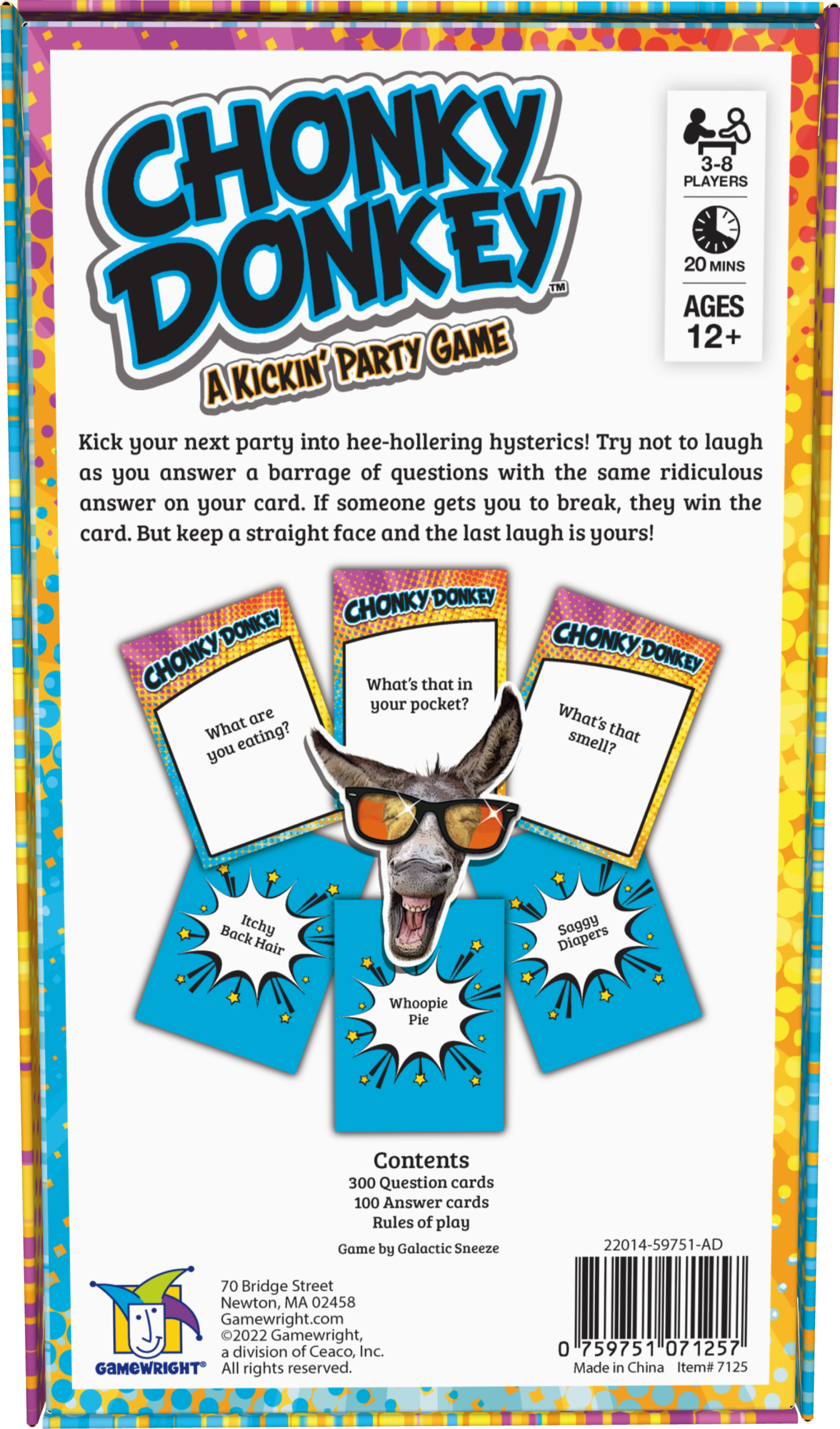 Chonky Donkey party game box showing question and answer cards for 3-8 players ages 12 and up, 20-minute gameplay.