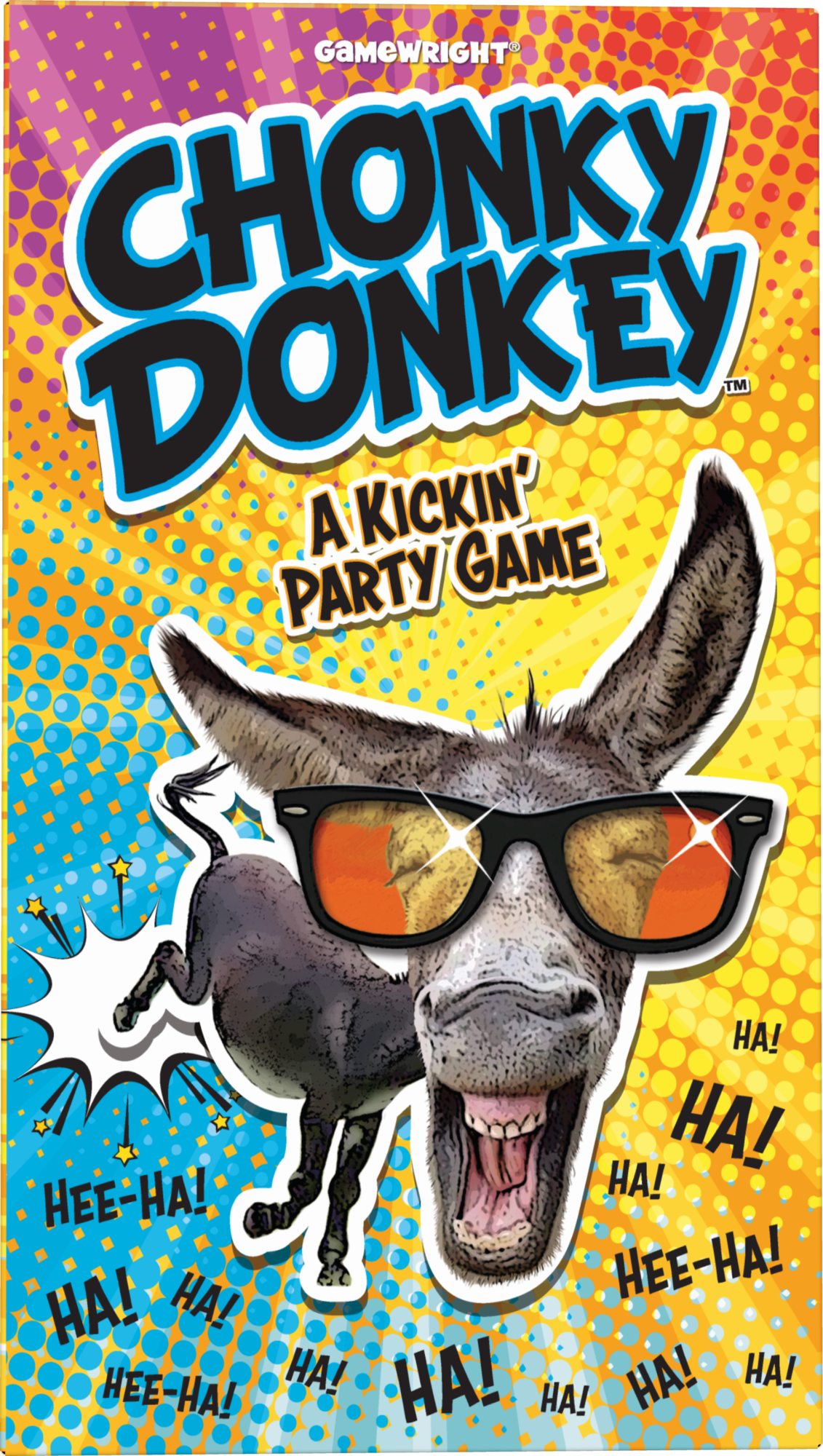 Chonky Donkey party game box with a laughing donkey wearing sunglasses on a colorful background.