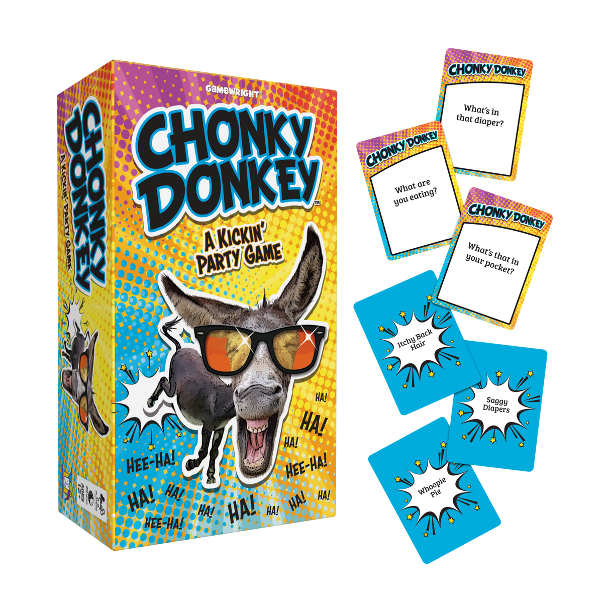 Chonky Donkey party game box with fun question and answer cards for hilarious group gameplay.