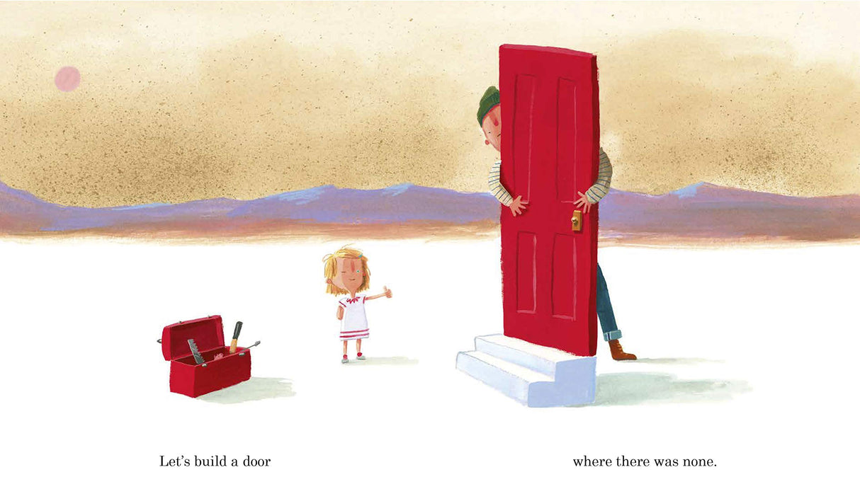 Illustration from What We'll Build showing a father and daughter building a red door together in a whimsical landscape.