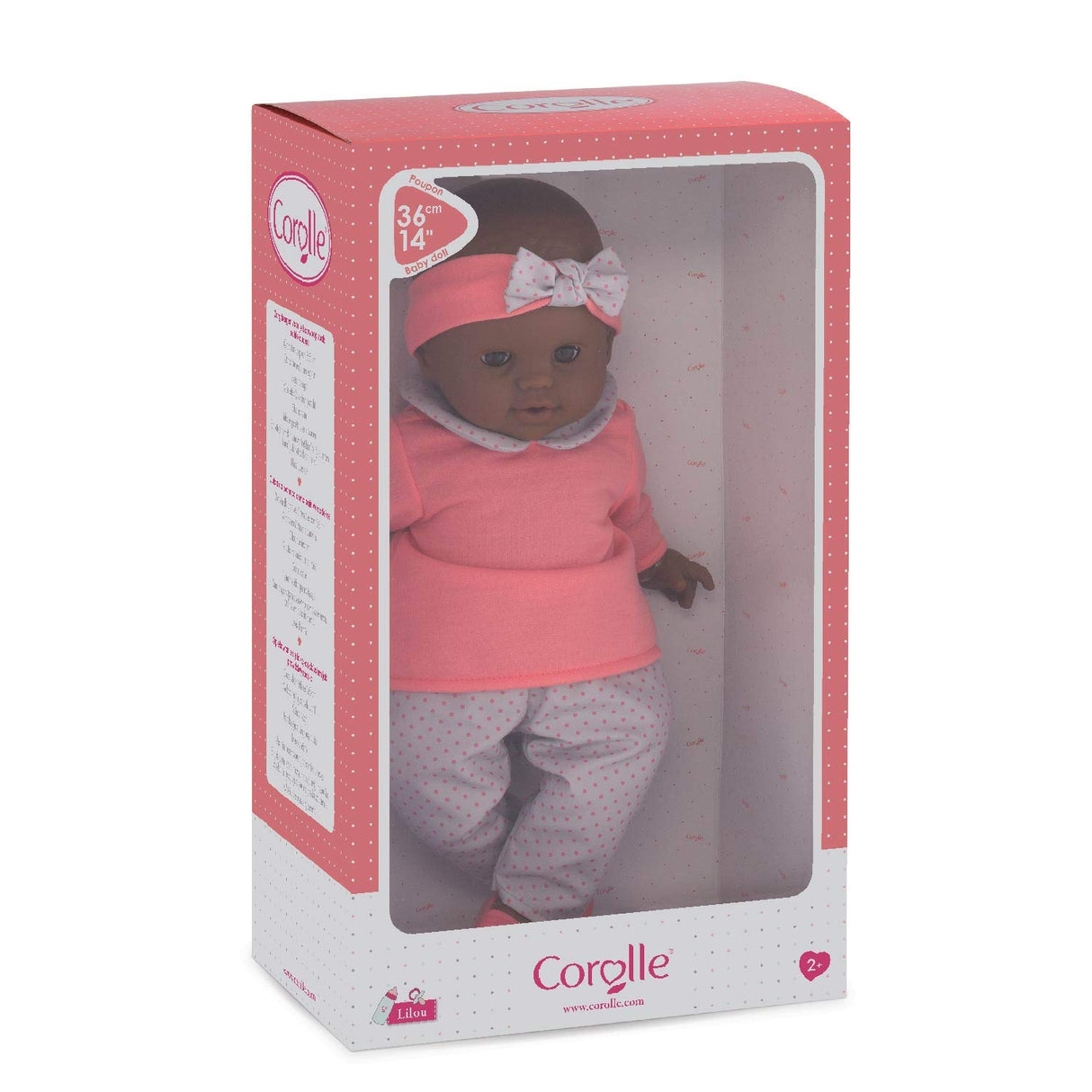 Grand Poupon Lilou doll in pink outfit with headband, 14 inches, designed for cuddling and role play.