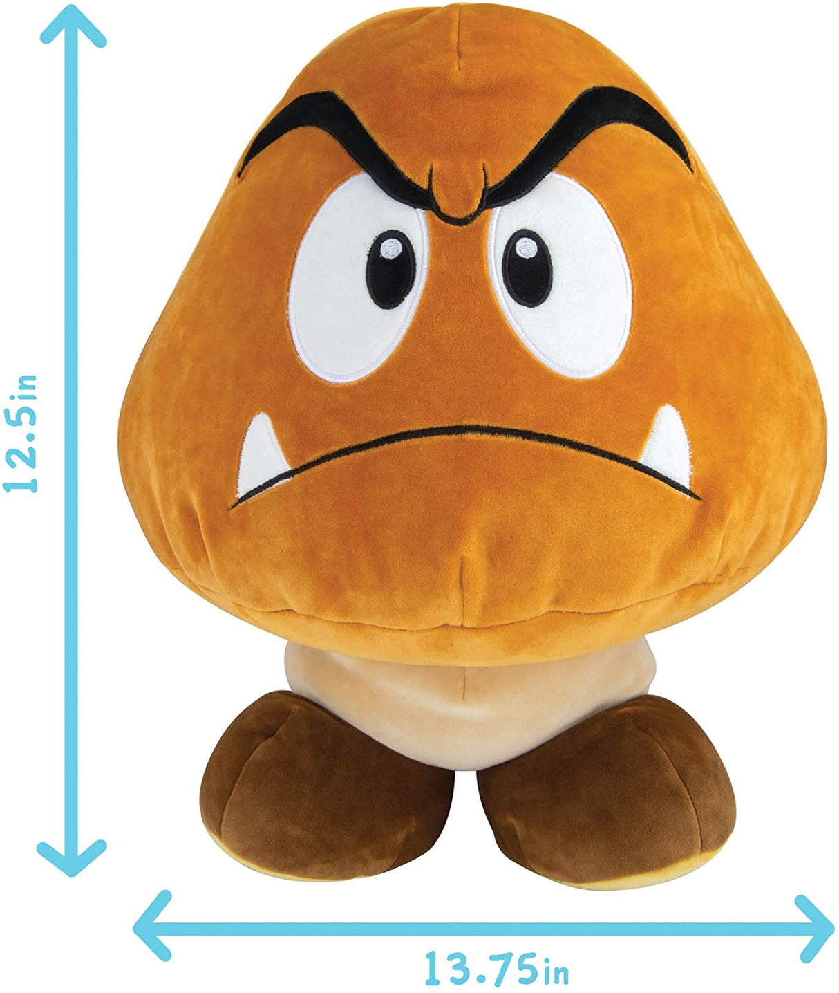 Super Mario Goomba plush with angry eyes, soft squishy texture, measuring 12.5 by 13.75 inches, official Nintendo product.