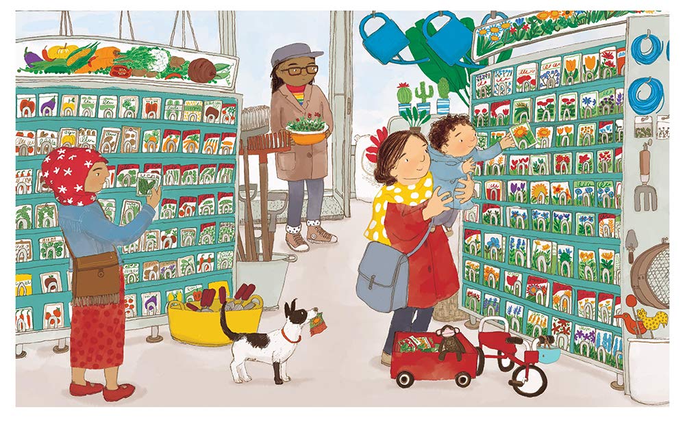 Oscar’s Tower of Flowers shows children and an adult happily choosing seed packets in a colorful gardening store.