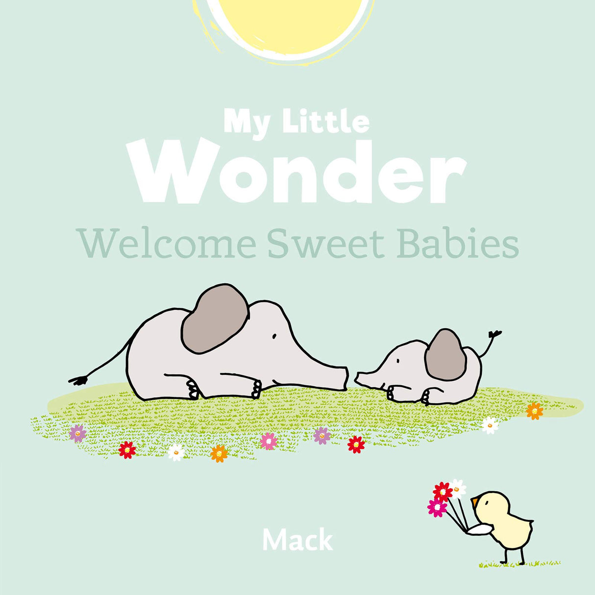 My Little Wonder Welcome Sweet Babies book cover showing a mommy elephant and baby on grass with a small bird holding flowers.