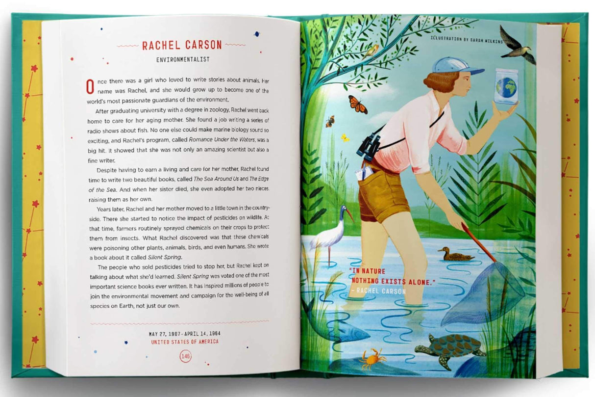 Good Night Stories For Rebel Girls 2 open book showing a full-color portrait and story about environmentalist Rachel Carson.