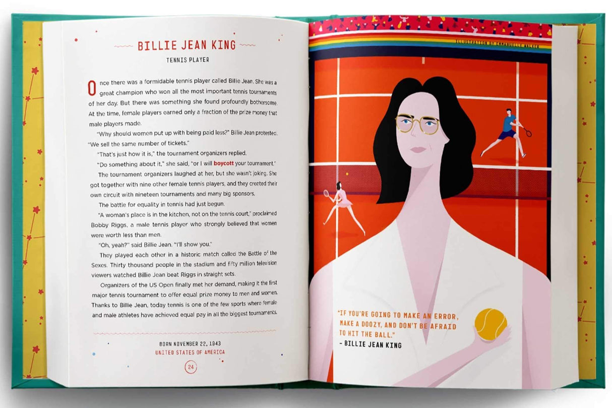 Good Night Stories For Rebel Girls 2 open book showing Billie Jean King story and vibrant illustration of the tennis player.