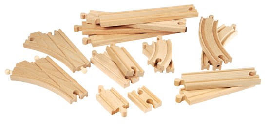 Intermediate Track Expansion Pack showing 16 wooden railway track pieces for extending BRIO railway sets.
