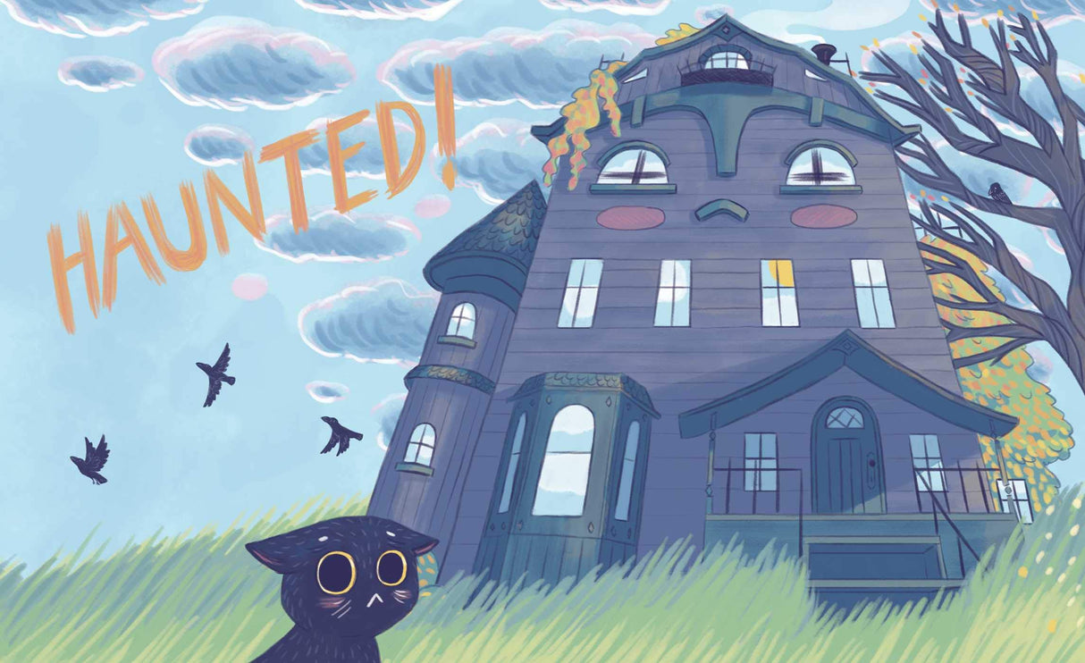 Illustration of a spooky old house with sad face and black cat outside, titled Hardly Haunted.