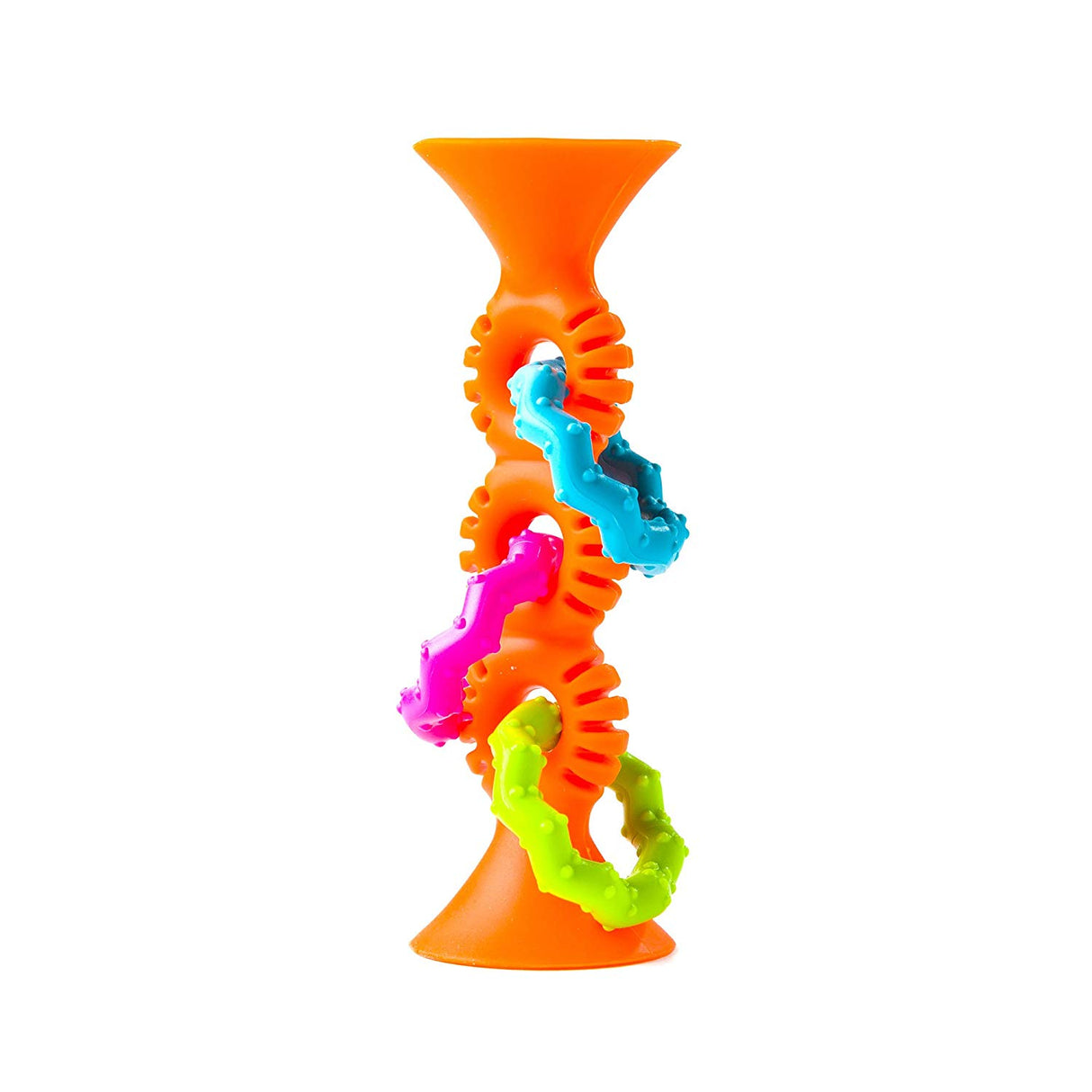pipSquigz Orange Loop sensory toy with suction cups, colorful rings, and textured silicone for teething and play.