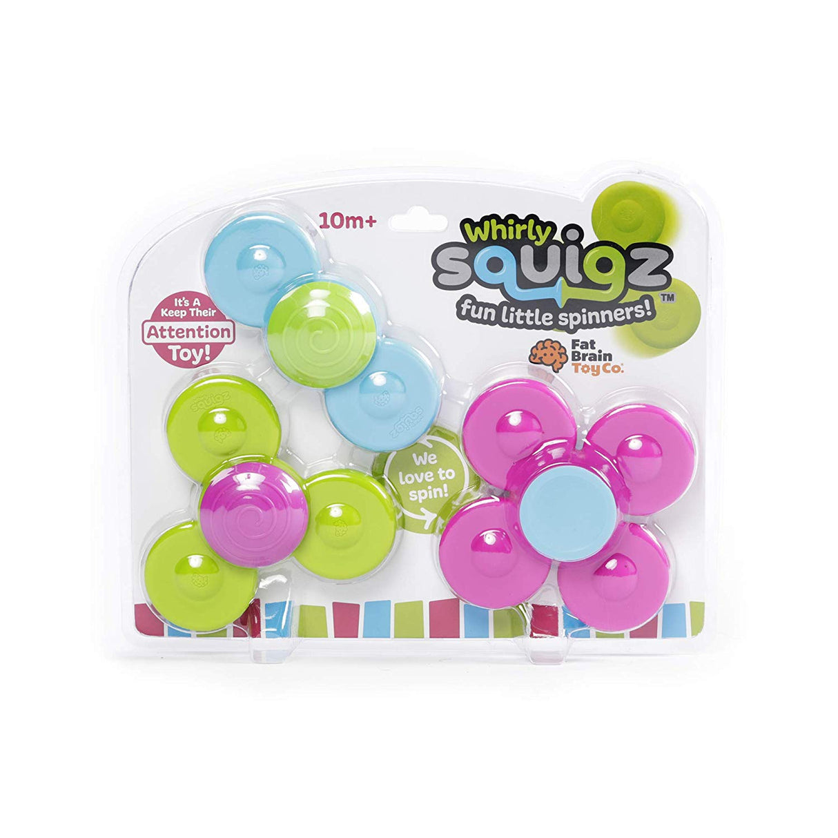 Whirly Squigz colorful silicone spinners set for sensory play and teething with suction cups for smooth surfaces.