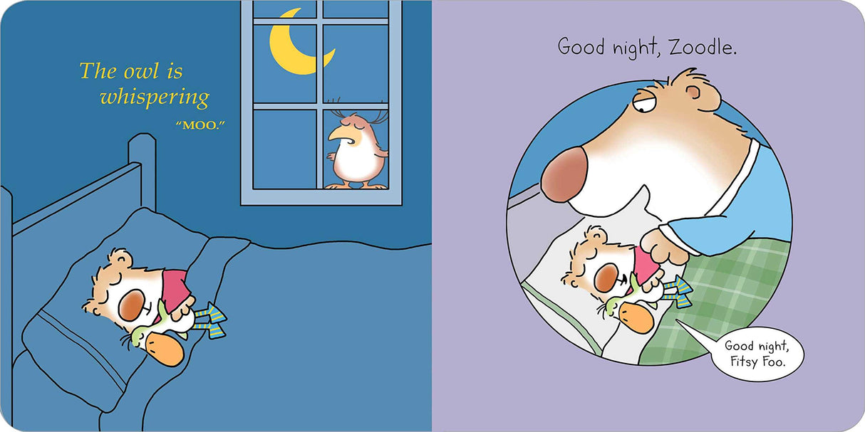 Illustration from Silly Lullaby showing a child in bed with a duck, a whispering owl, and a dog saying good night.