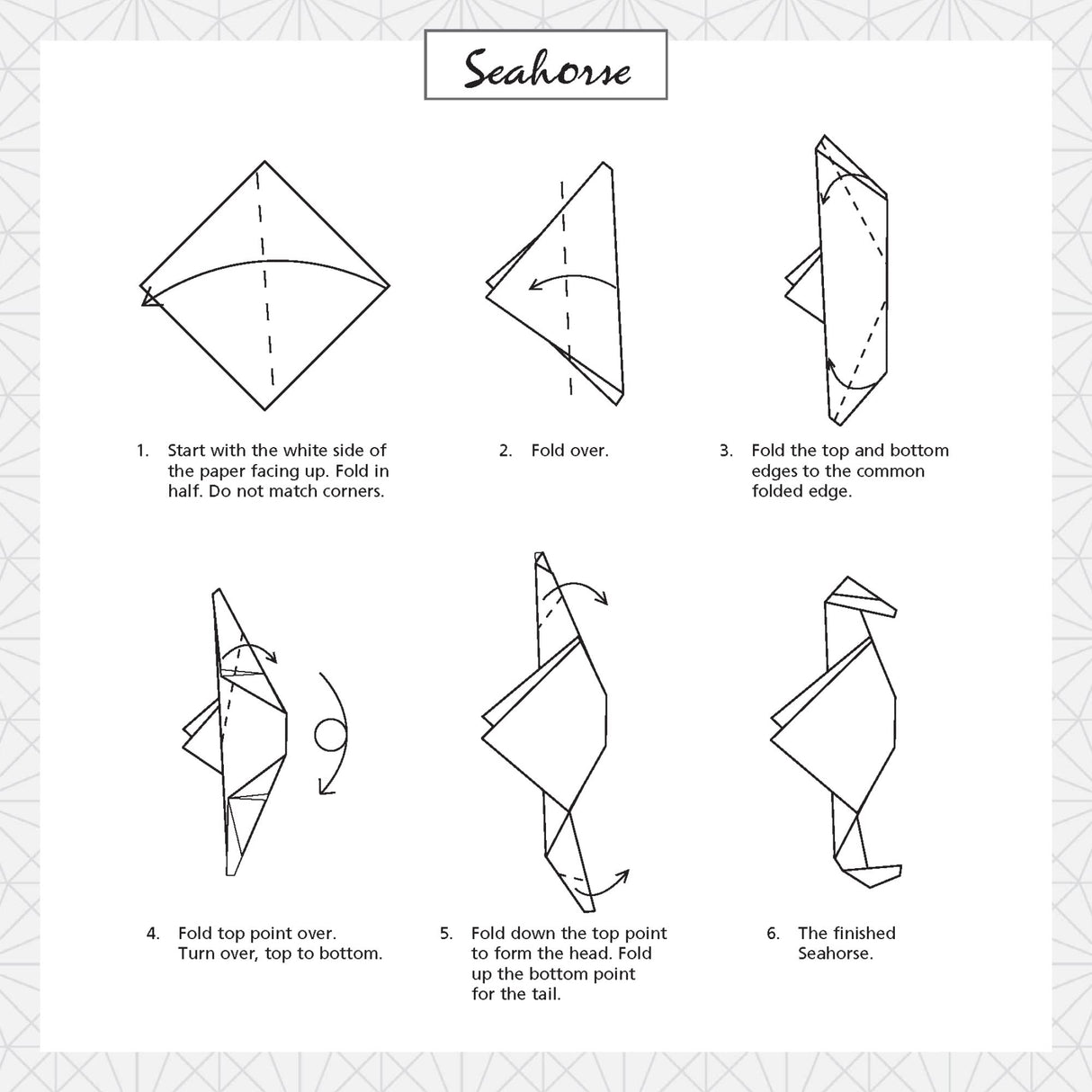 Origami Paper Cat Patterns showing step-by-step black and white instructions to fold a seahorse figure.