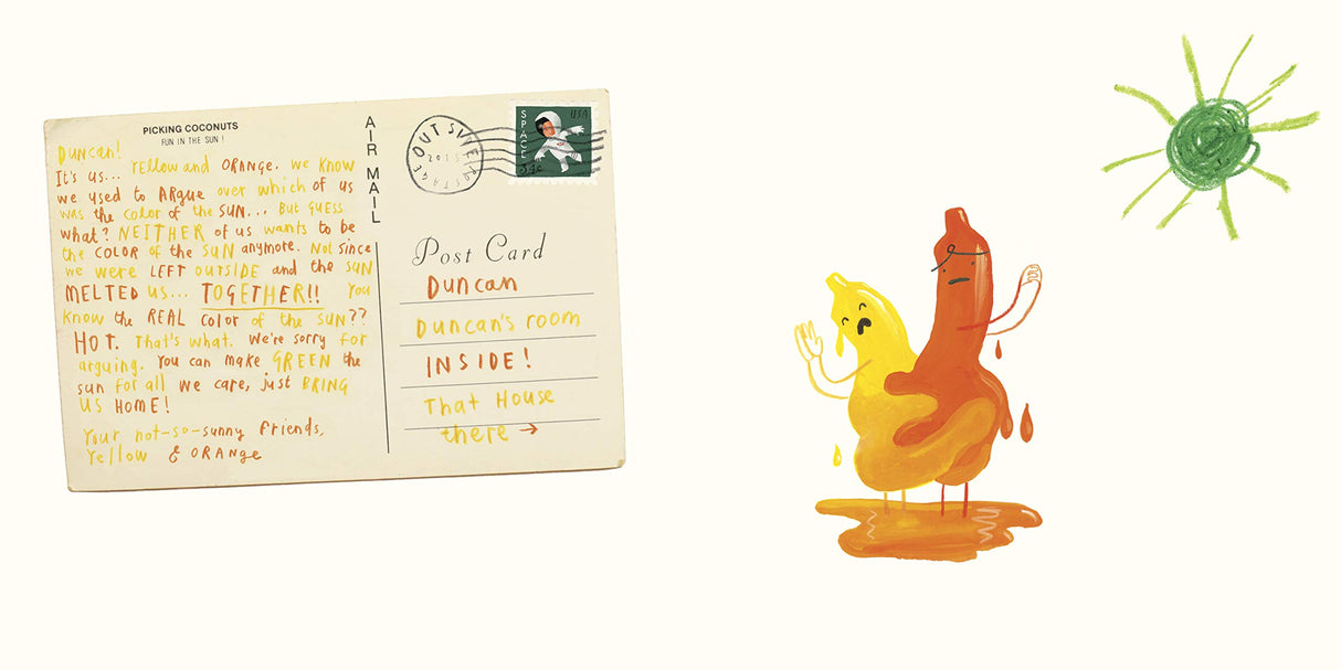 The Day the Crayons Came Home postcard and melting yellow and red crayons illustration from the children's book.