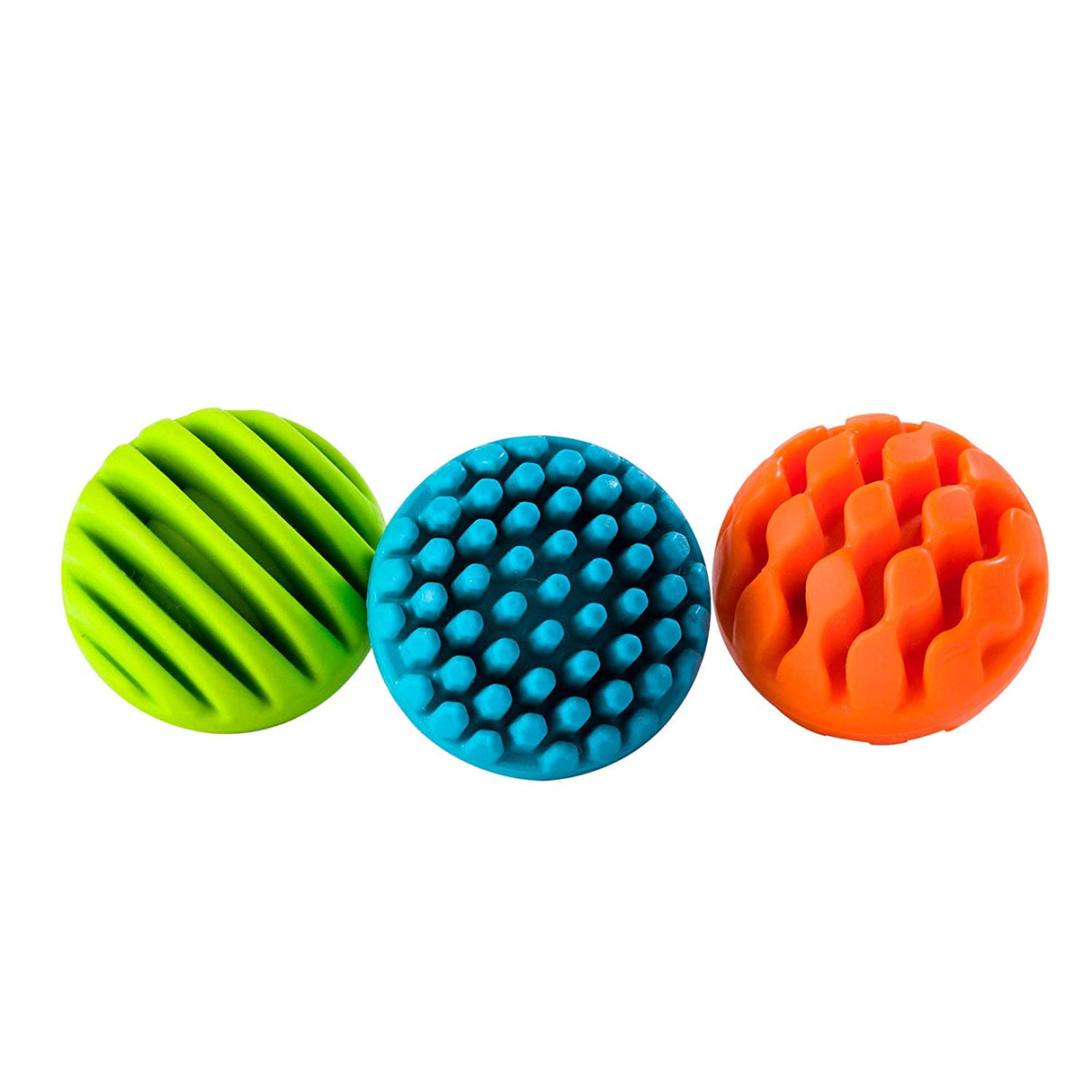 Sensory Rollers set of three textured silicone spheres in green, blue, and orange for sensory play and motor skills development.