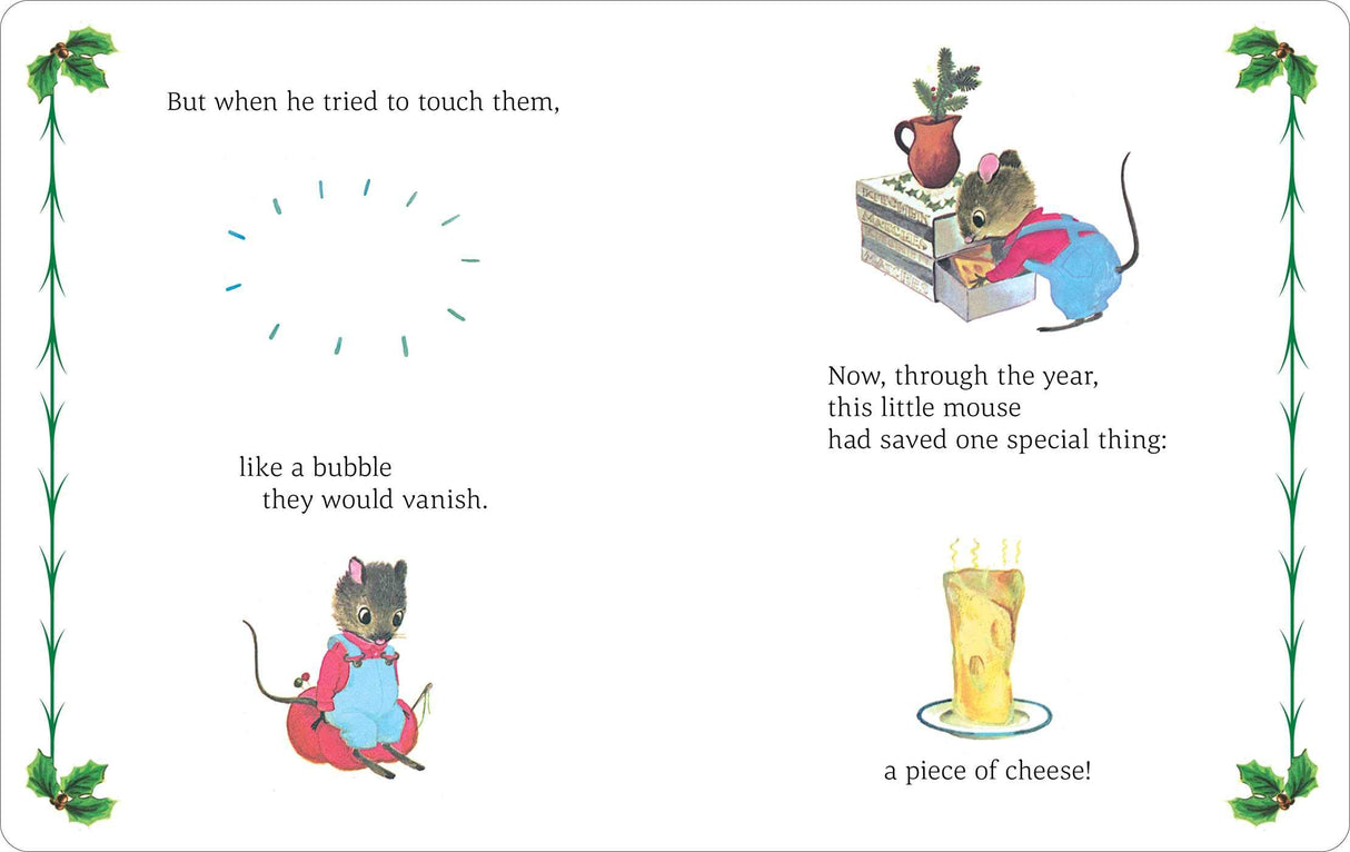 Santa Mouse board book illustration showing a tiny mouse in holiday pajamas saving a piece of cheese.