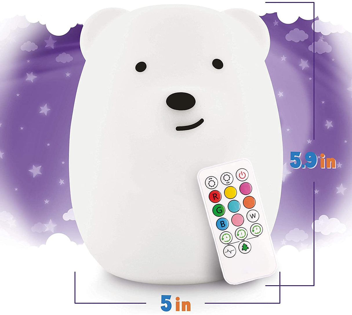 LED Nightlight | Bear with remote control, soft silicone, 9 colors, and compact 5x5.9 inch size for kids' rooms.