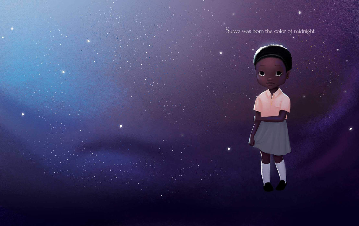 Illustration from Sulwe showing a young girl with midnight-colored skin against a starry night sky background.