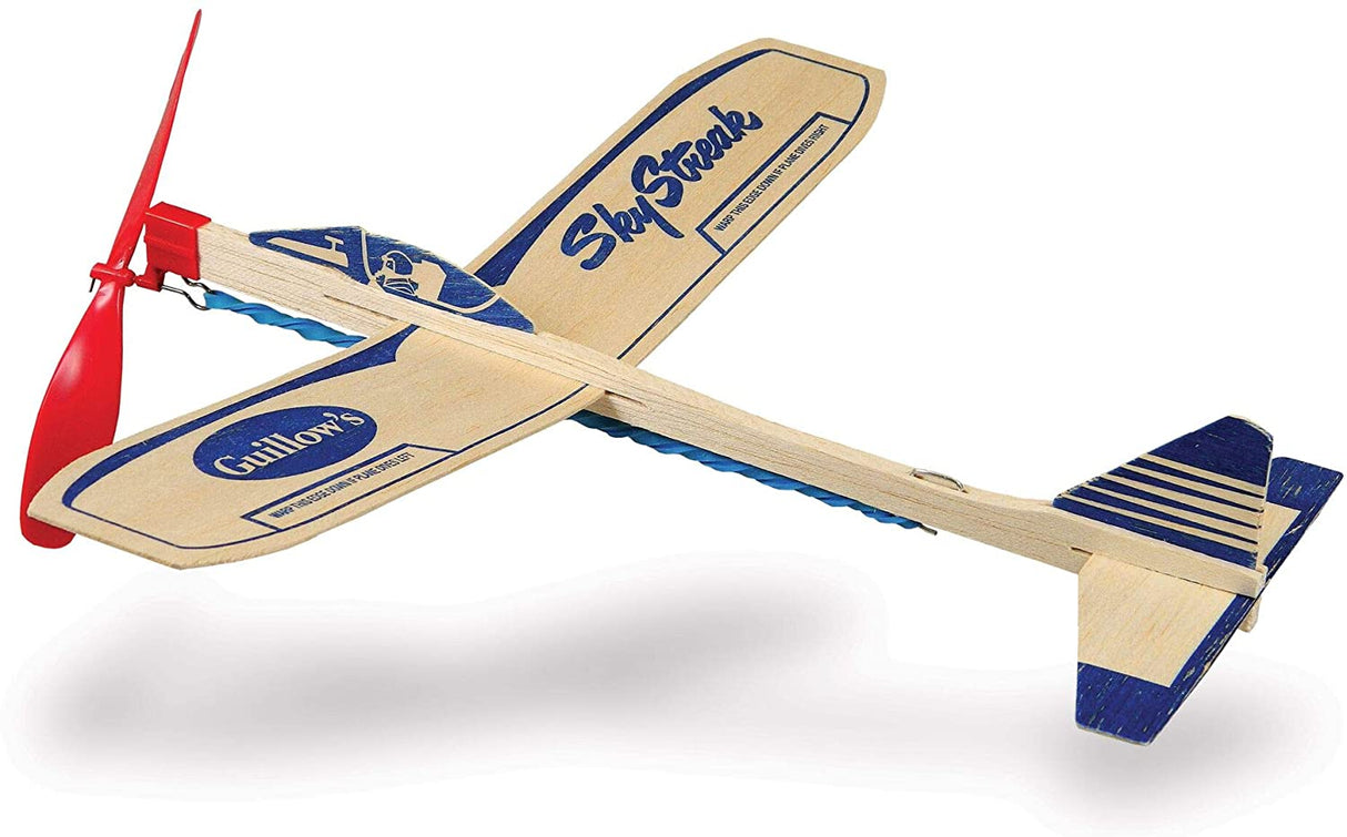 Sky Streak Balsa Planes wooden glider with red propeller, blue accents, and natural balsa wood body.
