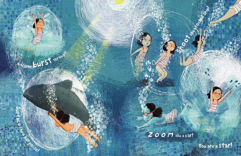 Illustration of children swimming and playing underwater with bubbles in the book Bubbles...Up! by Jacqueline Davies.