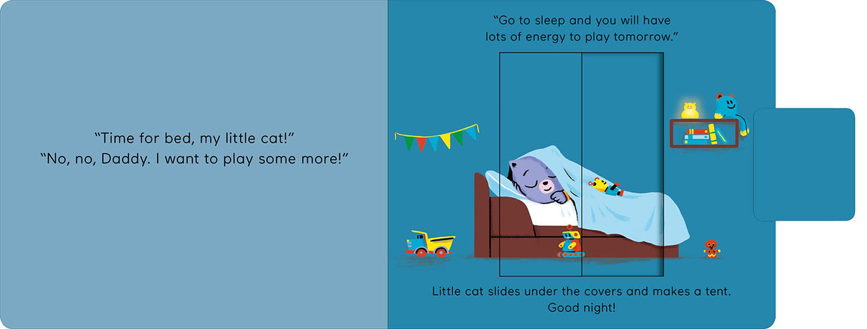 Time For Bed: Pull & Play shows a little cat making a tent under covers with toys around at bedtime.