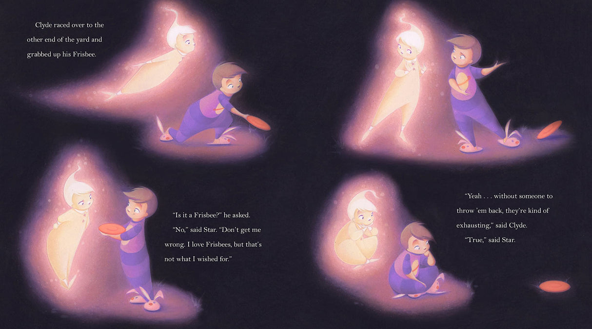 Illustrated pages from Twinkle, Twinkle Little Kid showing Clyde and the glowing star playing with a frisbee at night.
