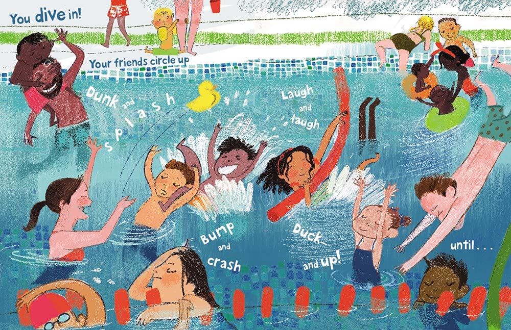 Illustration from Bubbles...Up! showing children joyfully splashing and playing in a lively community pool scene.