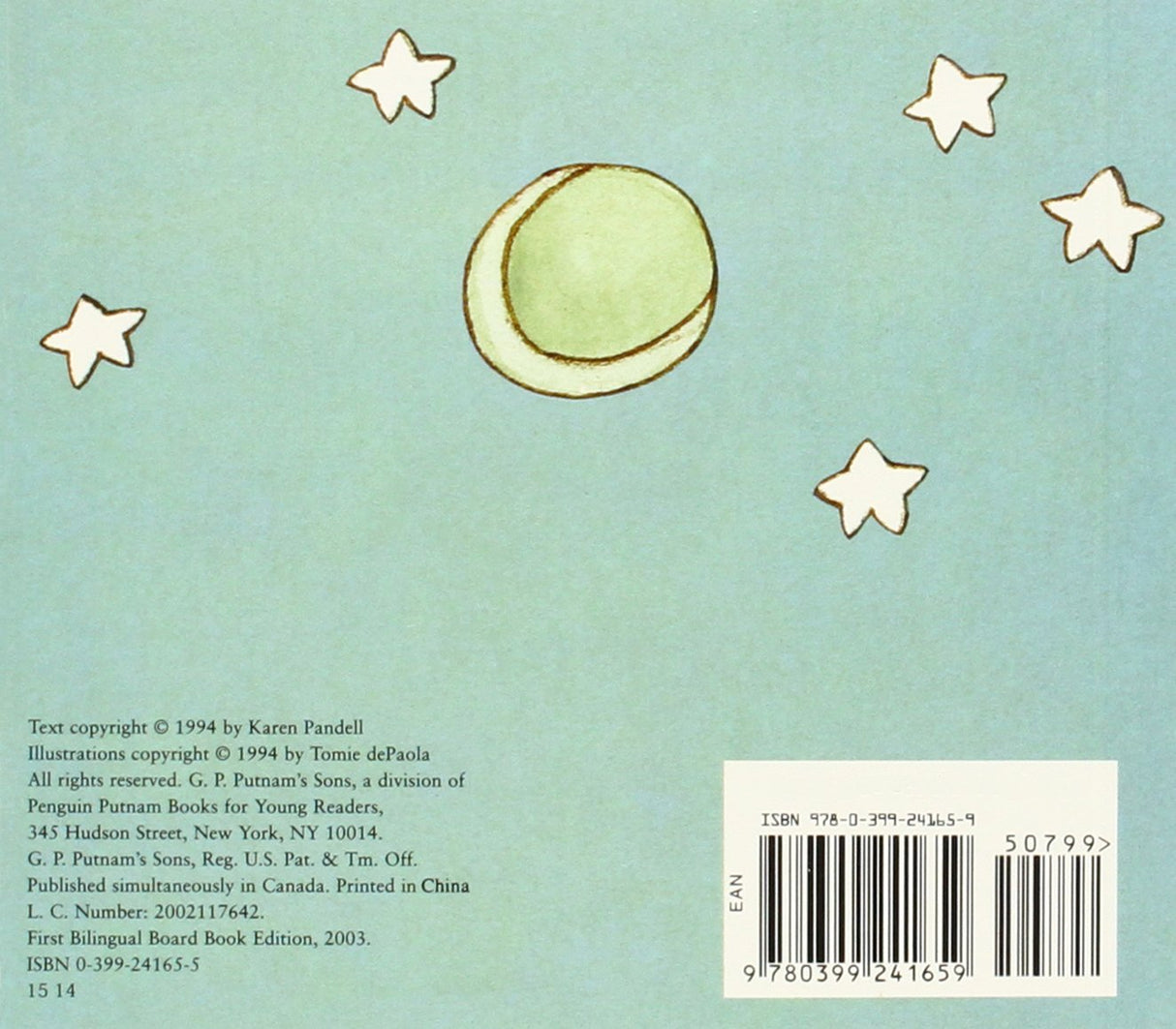 Back cover of I Love You Sun, I Love You Moon (Spanish Edition) with stars, moon, and publishing details.
