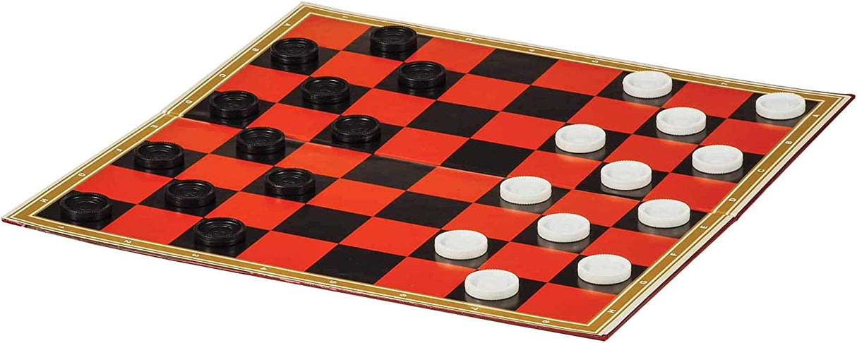 Chess & Checkers Set showing a red and black board with classic checkers pieces arranged ready to play.