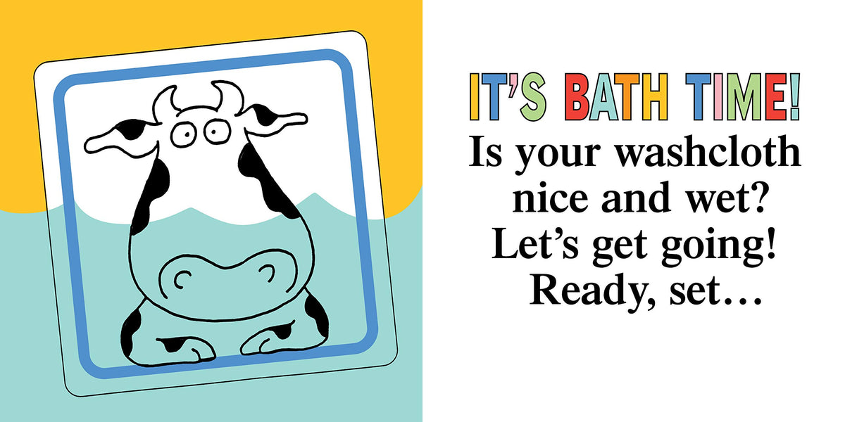 Barnyard Bath featuring a playful cow illustration and fun bath time text for kids, waterproof and safety-tested bath book.
