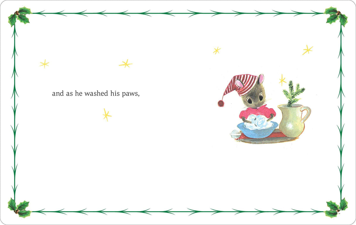 Santa Mouse illustration of a small mouse washing his paws wearing a red striped nightcap by a bowl and vase.