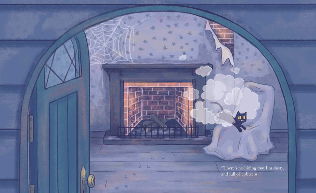 Illustration from Hardly Haunted showing a spooky room with cobwebs, a fireplace, and a black cat on a white chair.