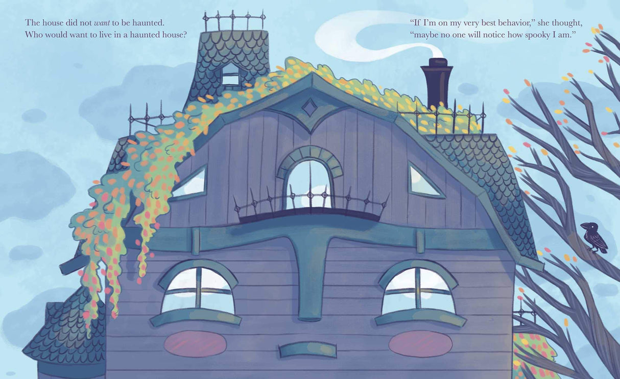 Illustration of a cobwebby old house with creaking hinges titled Hardly Haunted, feeling spooky yet hopeful.